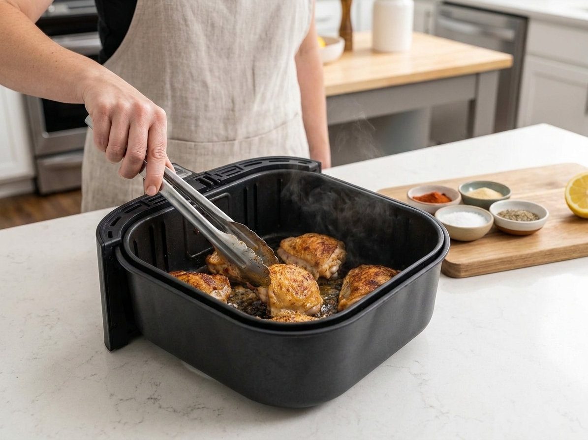 A cook using tongs to flip chicken thighs in an air fryer basket on a clean kitchen counter