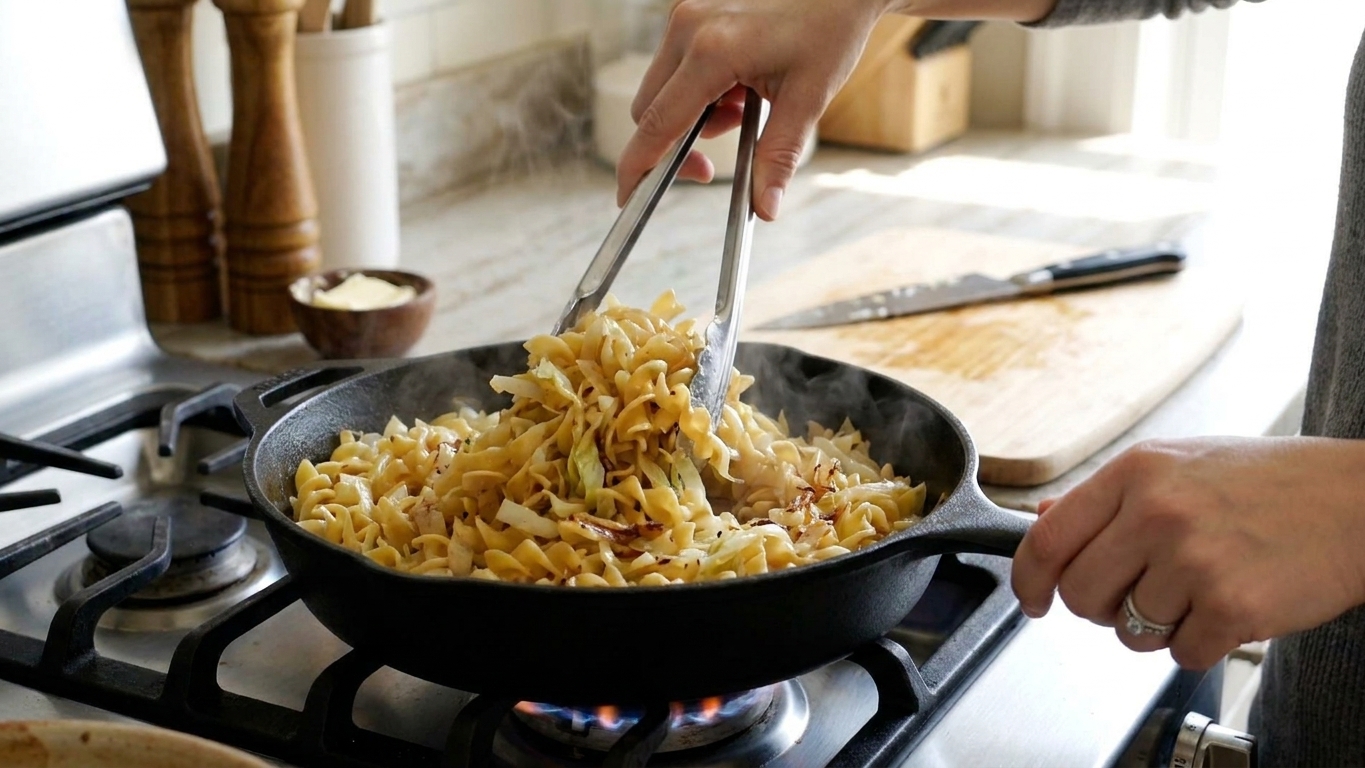 A cook using tongs to toss egg noodles with sautéed cabbage and onions in a large skillet on a home stove