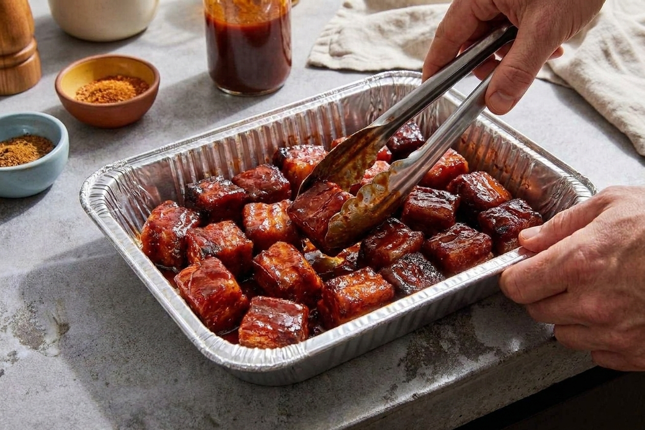 A cook using tongs to toss pork belly burnt ends in a foil pan coated with glossy barbecue sauce on a kitchen counter