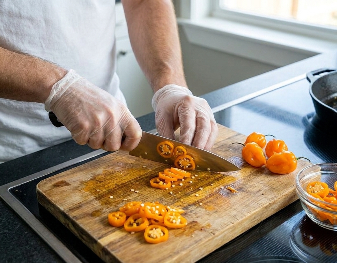 A cook wearing disposable gloves slicing bright orange habanero peppers on a wooden cutting board, seeds visible, home kitchen prep scene