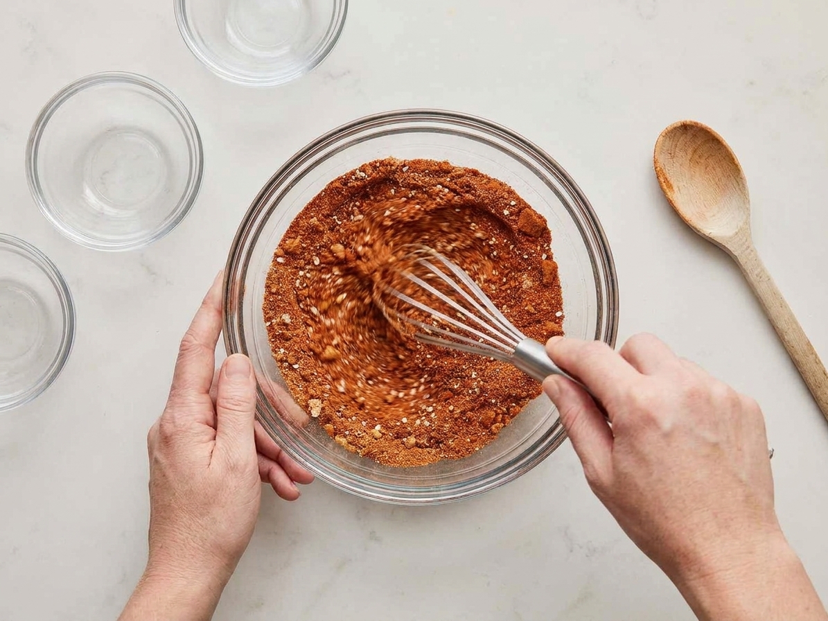 A cook whisking BBQ rub spices together in a small bowl on a kitchen counter
