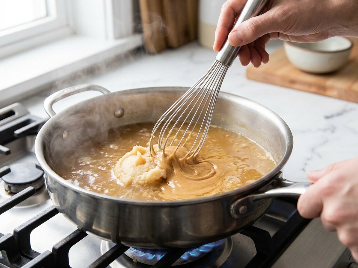 A cook whisking miso and peanut butter into simmering broth in a pot on the stovetop, steam rising