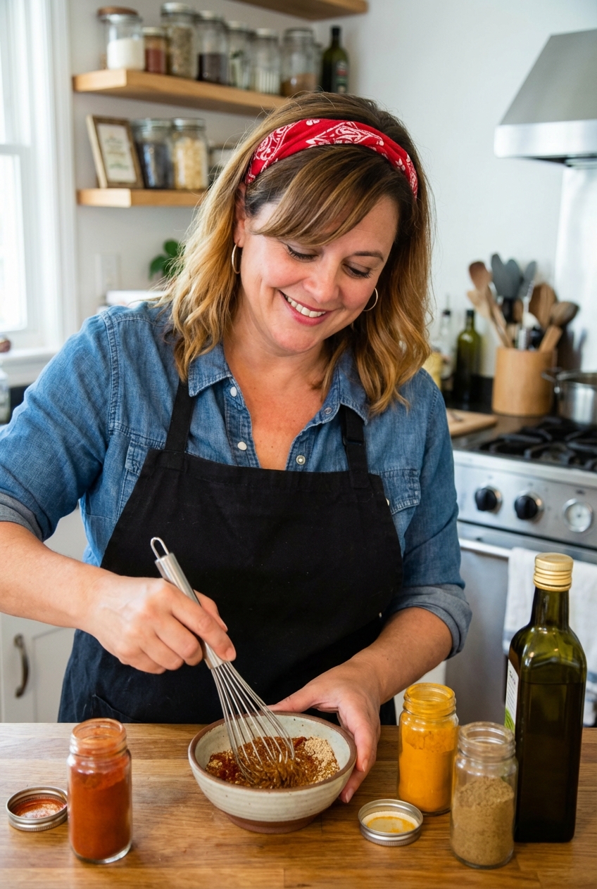 A cook whisking spices together in a small bowl on a kitchen counter