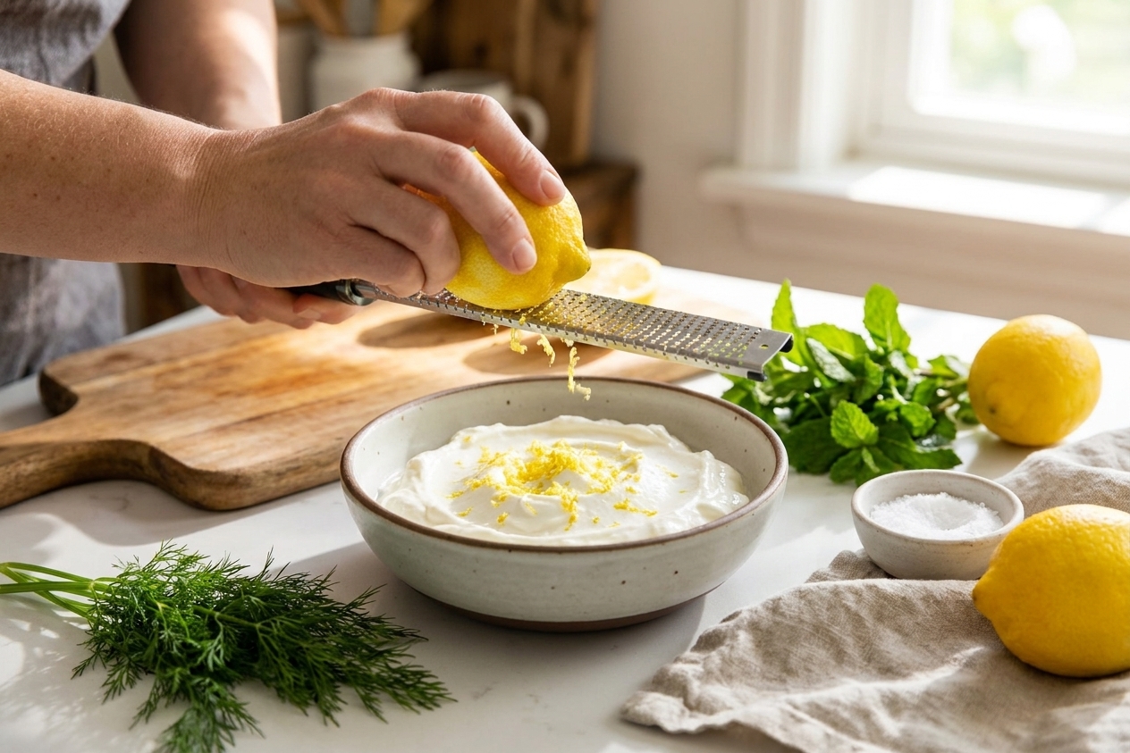 A cook zesting a lemon into a bowl of yogurt on a bright kitchen counter with herbs nearby