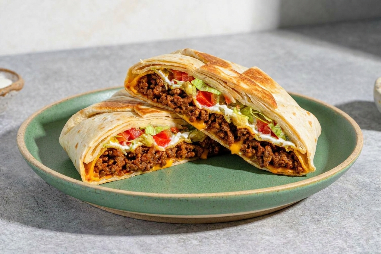 A cooked Crunchwrap cut in half on a plate, showing distinct layers of beef, melted cheese, tostada crunch, lettuce, and tomatoes