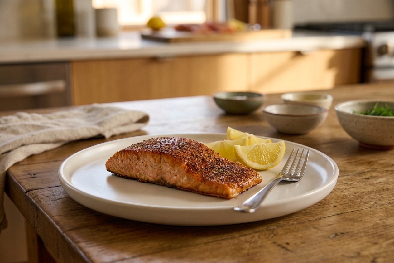 A cooked air fryer salmon fillet on a plate with lemon wedges and a fork, set on a simple family dinner table with soft evening light
