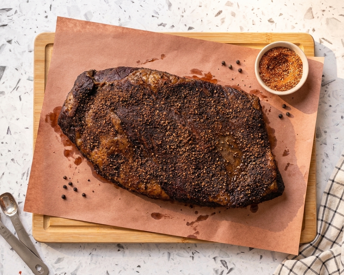 A cooked brisket with dark bark and a visible peppery crust resting on butcher paper on a cutting board