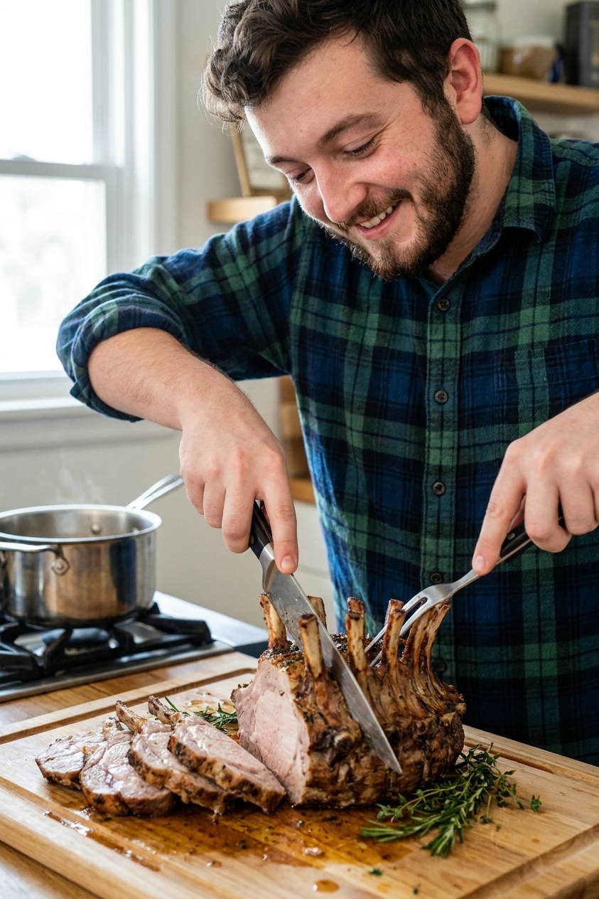 A cooked crown roast of pork resting on a cutting board while a knife slices between rib bones to carve individual chops, natural kitchen lighting