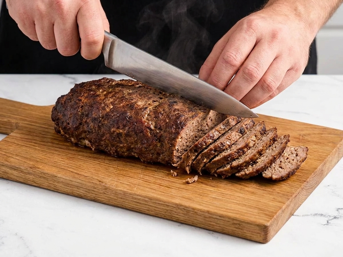 A cooked doner-style meat loaf being sliced thin on a cutting board with a sharp chef's knife