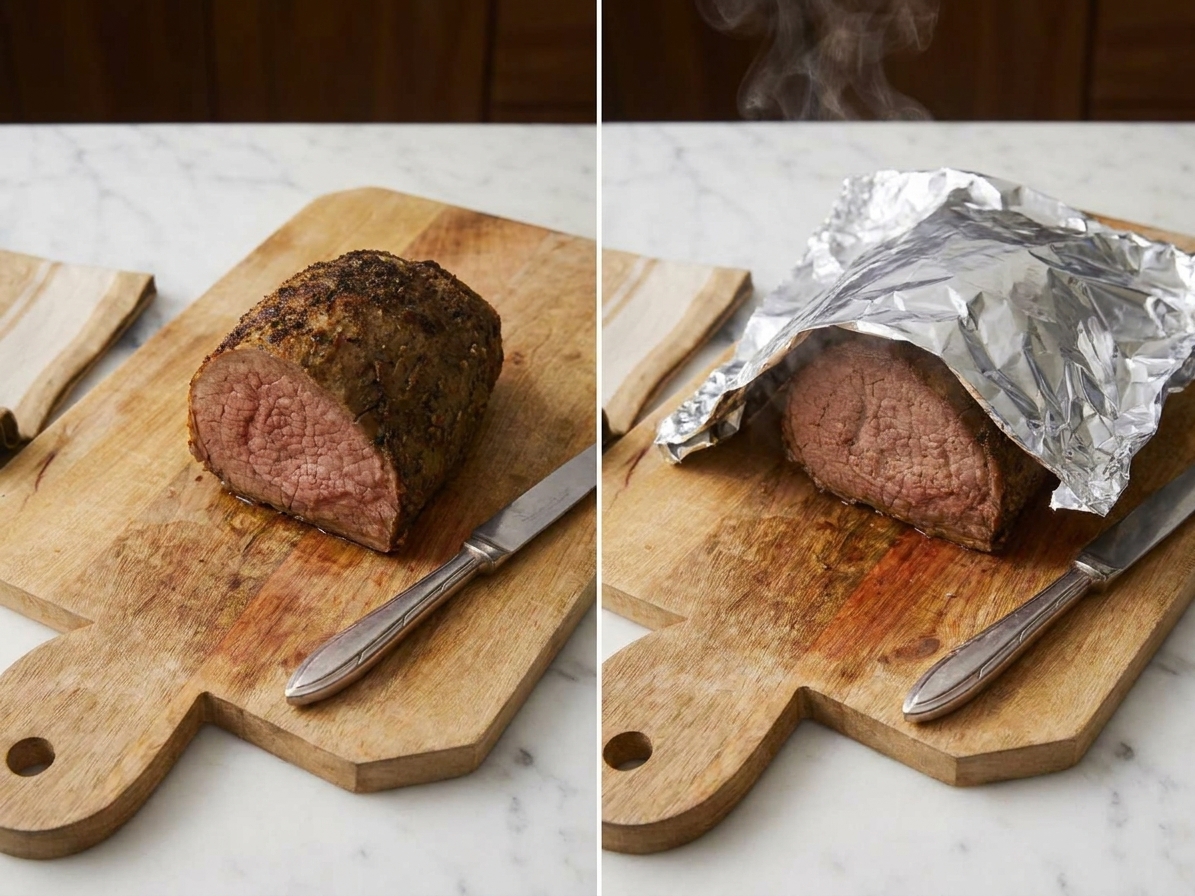 A cooked eye of round roast resting on a cutting board, uncovered at first and then loosely tented with foil on a kitchen counter
