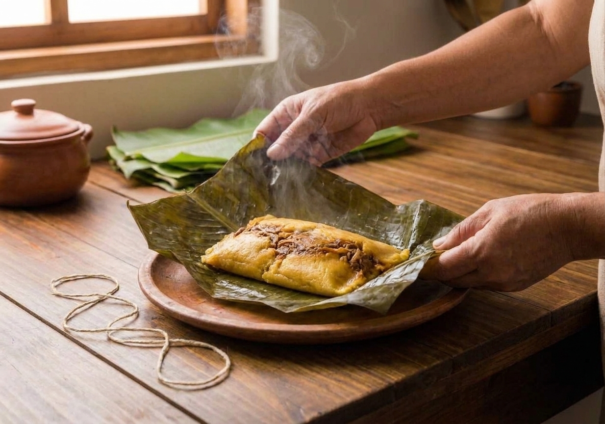 A cooked pastel being unwrapped on a plate, steam rising as the banana leaf opens to reveal the tender masa and savory filling