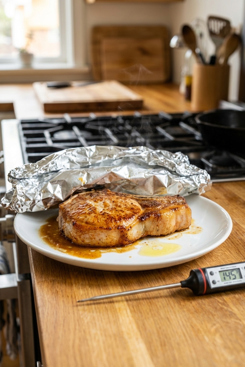 A cooked pork chop resting on a plate with foil loosely tented, juices visible on the plate, and a meat thermometer nearby on a kitchen counter, photorealistic food photography