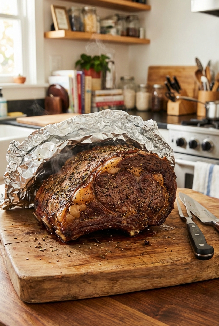 A cooked prime rib roast resting under loose foil on a cutting board