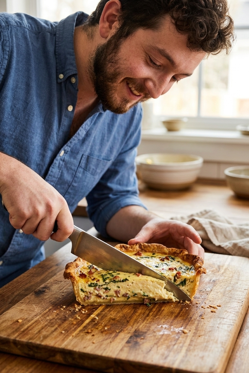 A cooked quiche being sliced on a wooden cutting board with a chef's knife, showing a creamy custard interior and browned crust edge, real food photography