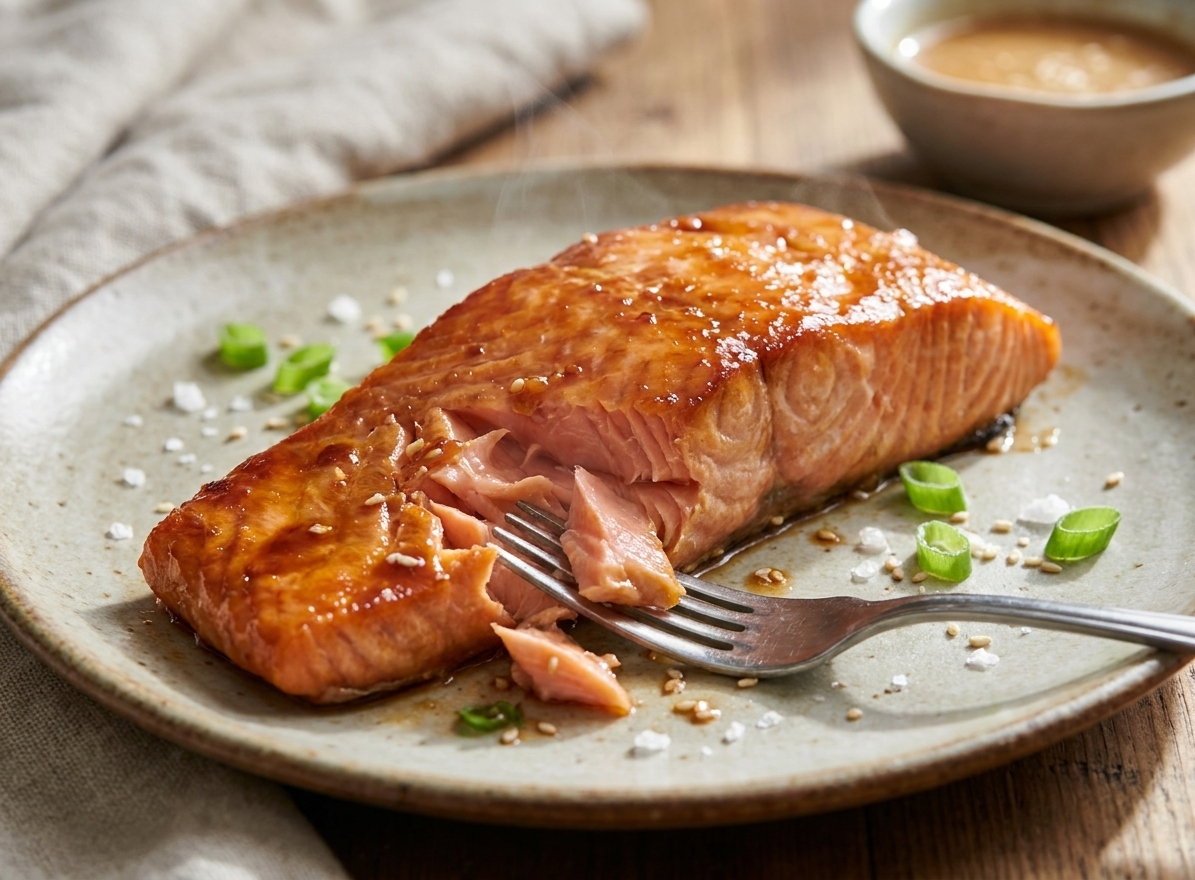 A cooked salmon fillet being gently flaked with a fork, showing a moist, tender interior with a glossy soy-ginger glaze