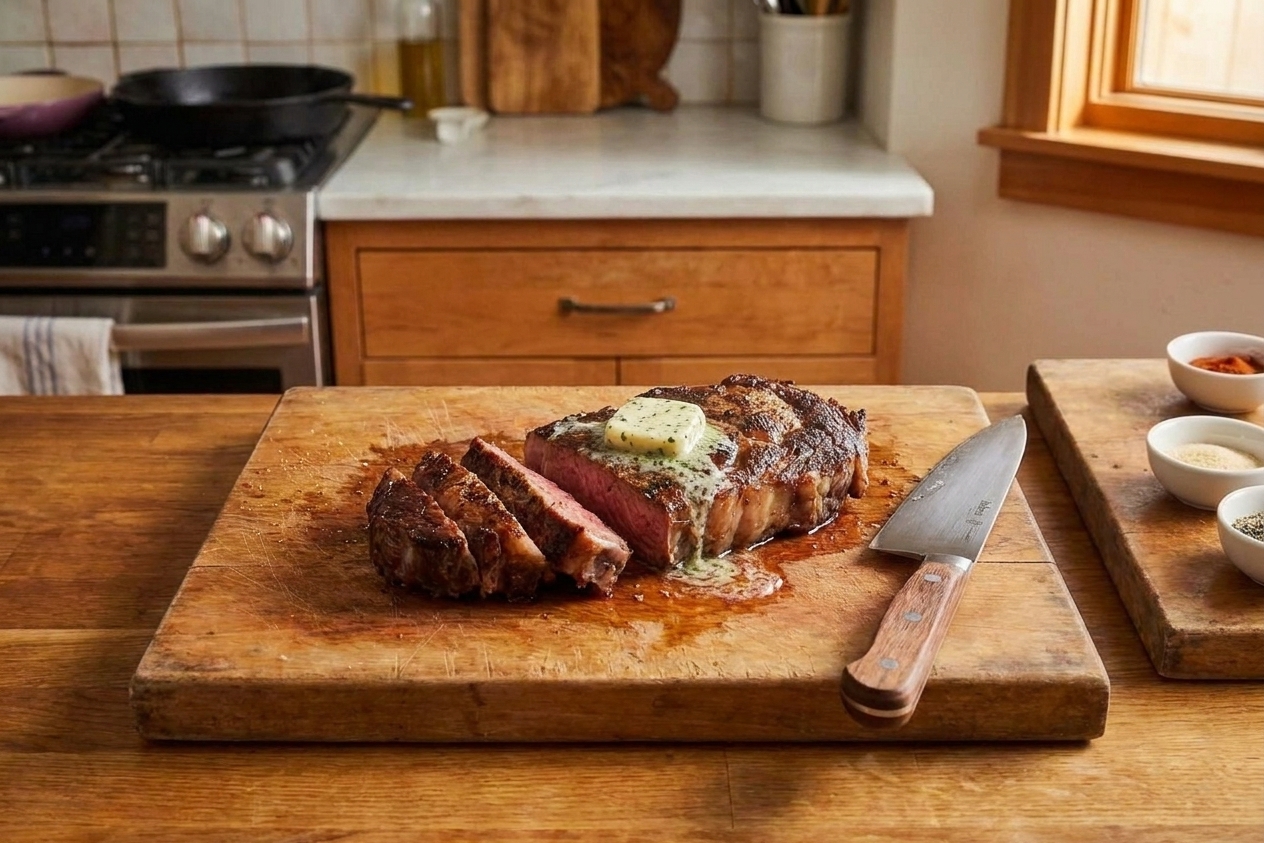 A cooked steak resting on a cutting board with a small pat of butter melting on top and a chef's knife nearby