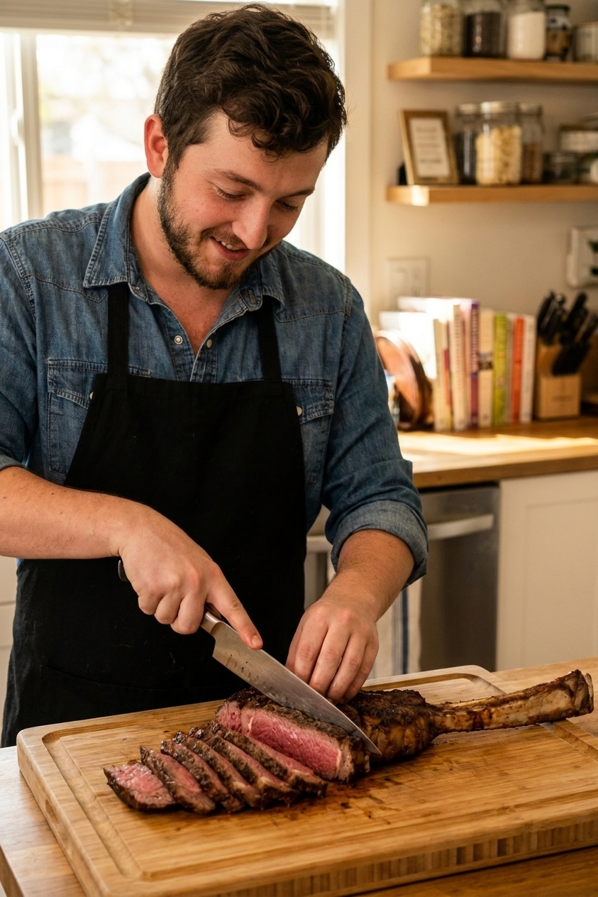 A cooked tomahawk steak on a wooden cutting board being carved with a chef's knife, slices fanned out beside the long bone