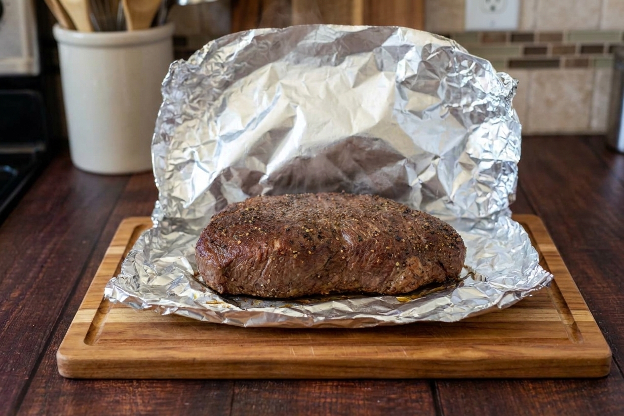 A cooked top round roast resting on a cutting board loosely tented with foil on a kitchen counter