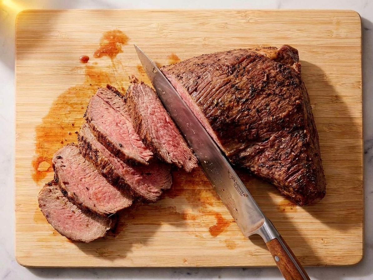 A cooked tri-tip on a cutting board being sliced thinly against the grain with a chef's knife, showing the change in grain direction