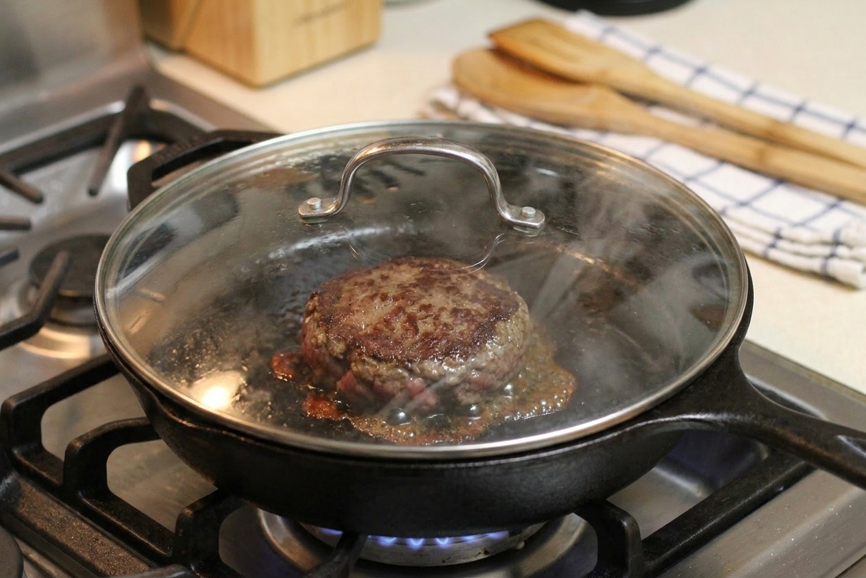 A cooked venison burger patty reheating in a covered skillet with a small splash of liquid, steam visible, on a stovetop
