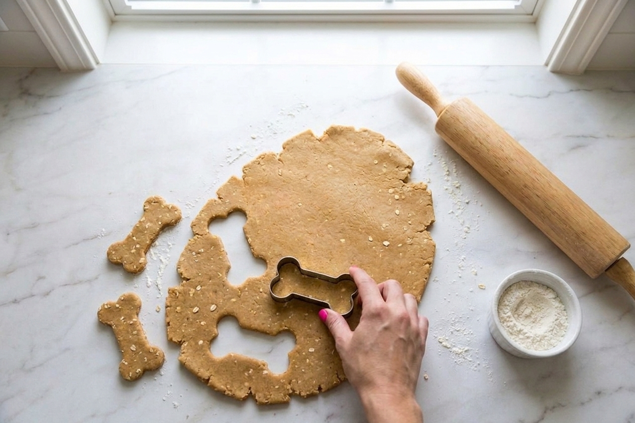 A cookie cutter pressing bone shapes into rolled dog biscuit dough on a countertop