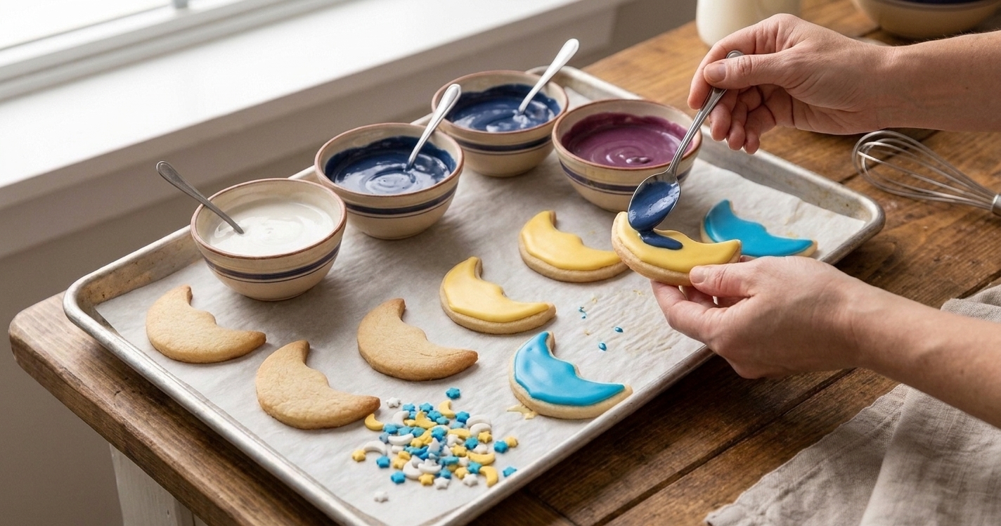 A cookie decorating setup with moon shaped cookies, small bowls of icing, and sprinkles on a parchment lined tray in a cozy kitchen