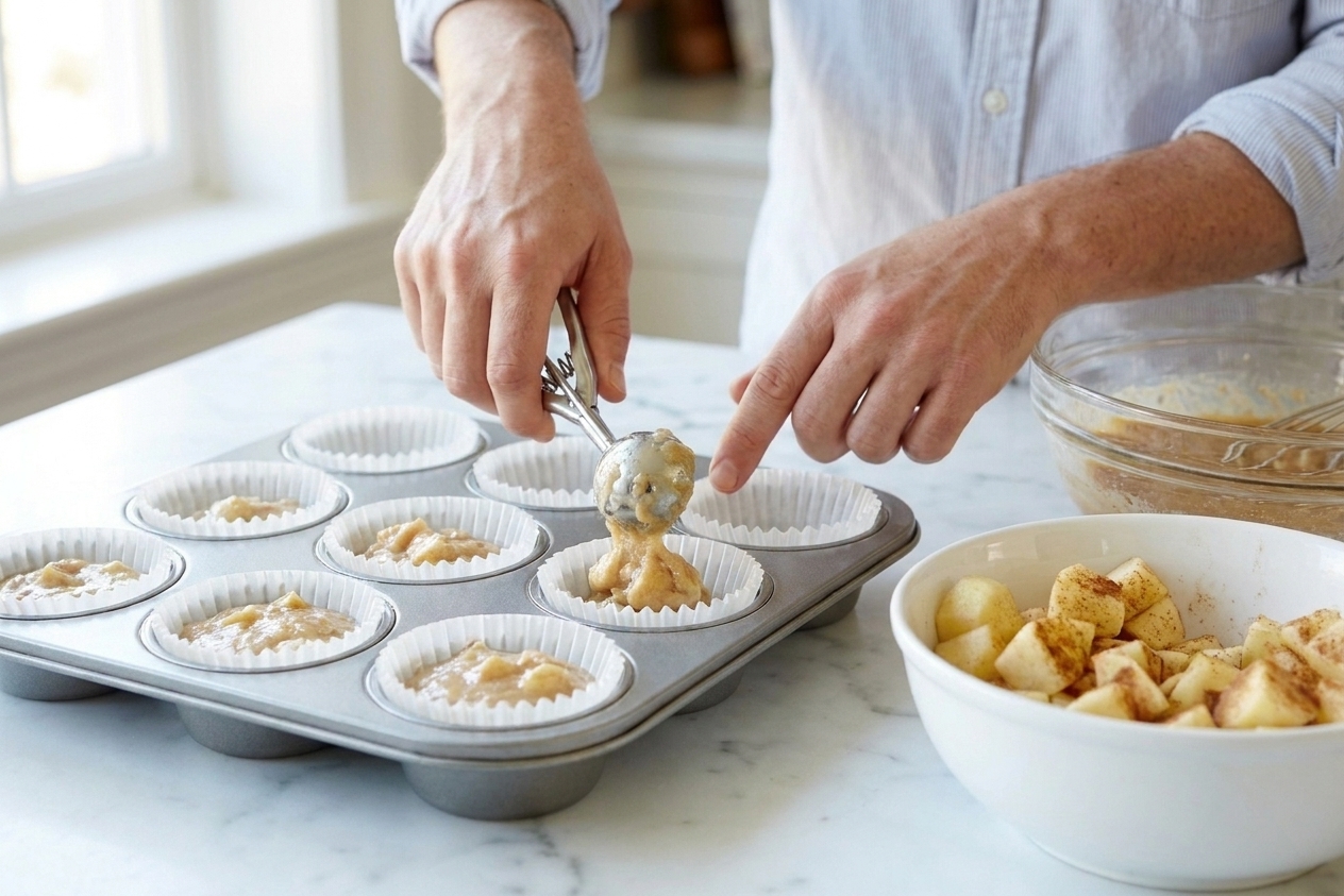 A cookie scoop portioning apple muffin batter into a lined muffin tin on a kitchen counter