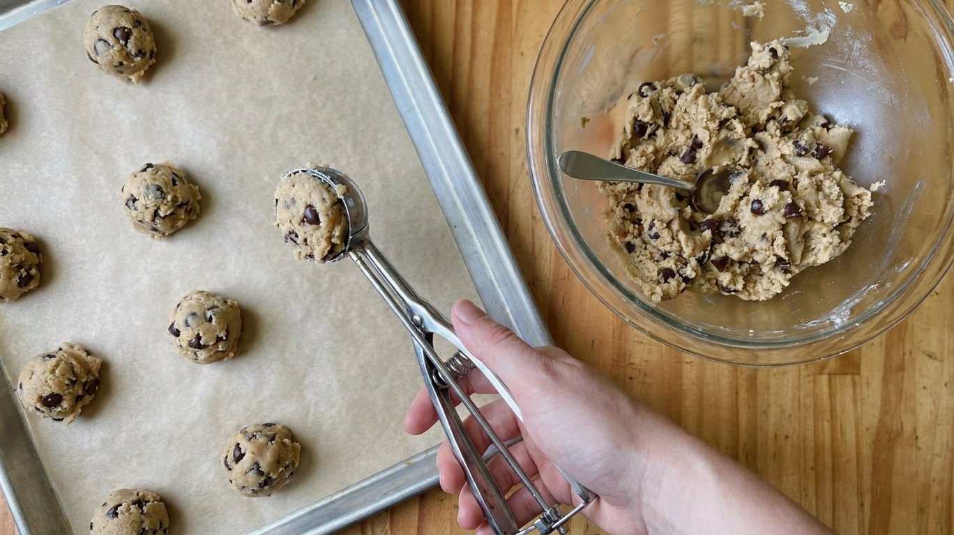 A cookie scoop portioning chocolate chip cookie dough onto a parchment-lined sheet pan on a home kitchen counter