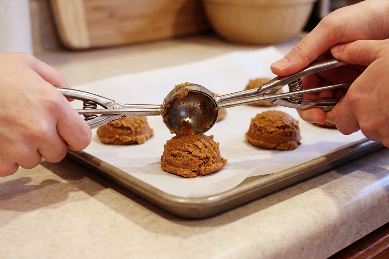 A cookie scoop portioning gingerbread cookie dough onto a parchment-lined baking sheet in a warm home kitchen