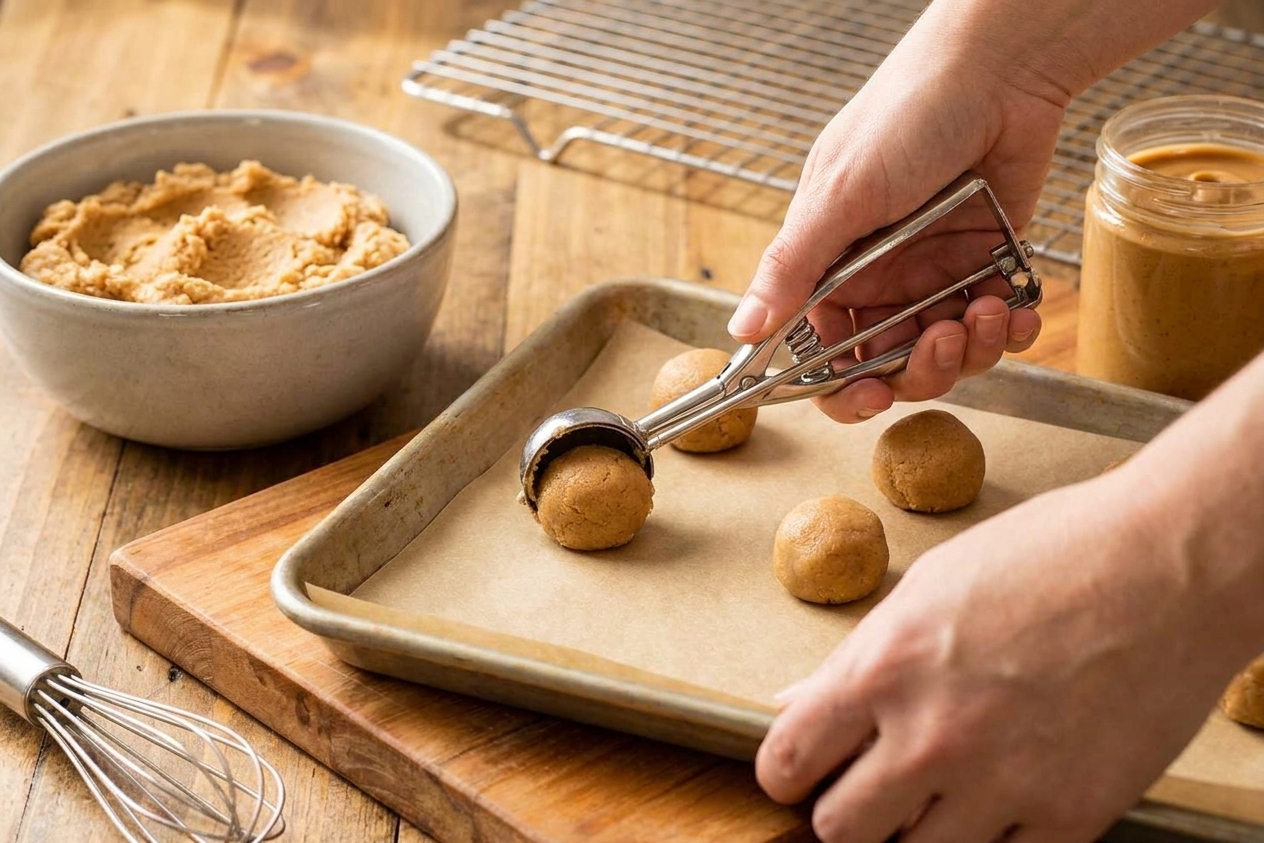 A cookie scoop portioning peanut butter cookie dough onto a parchment lined baking sheet on a kitchen counter