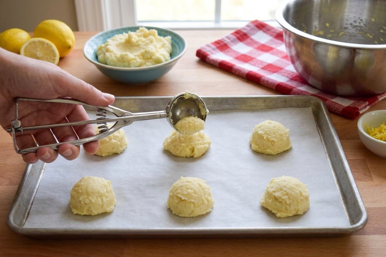 A cookie scoop portioning ricotta cookie dough onto a parchment-lined baking sheet