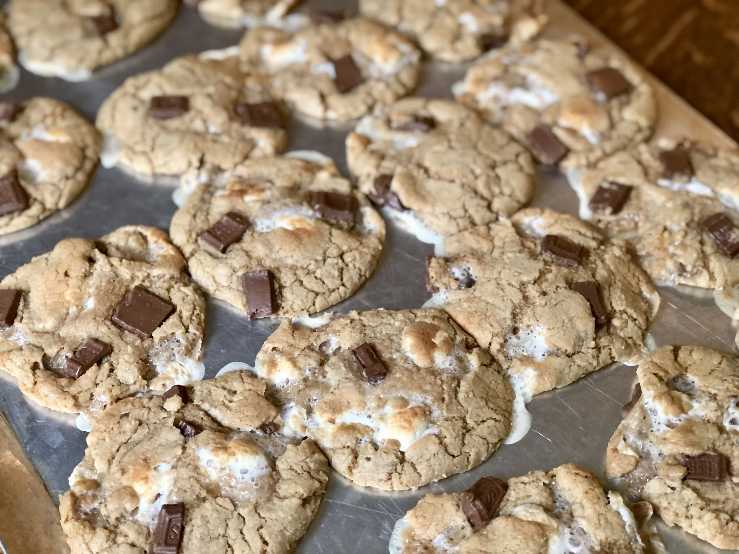 A cookie s’more with a toasted marshmallow top and softened chocolate layer, showing crisp cookie edges
