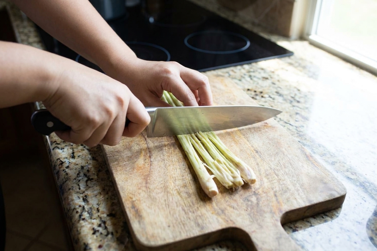 A cook's hands bruising lemongrass stalks with the flat side of a chef's knife on a wooden cutting board in a bright home kitchen