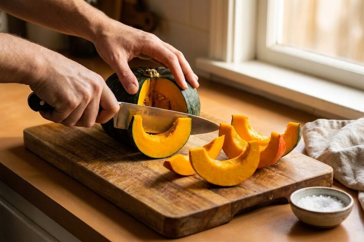 A cook's hands carefully slicing a kabocha squash into wedges on a wooden cutting board with a chef's knife