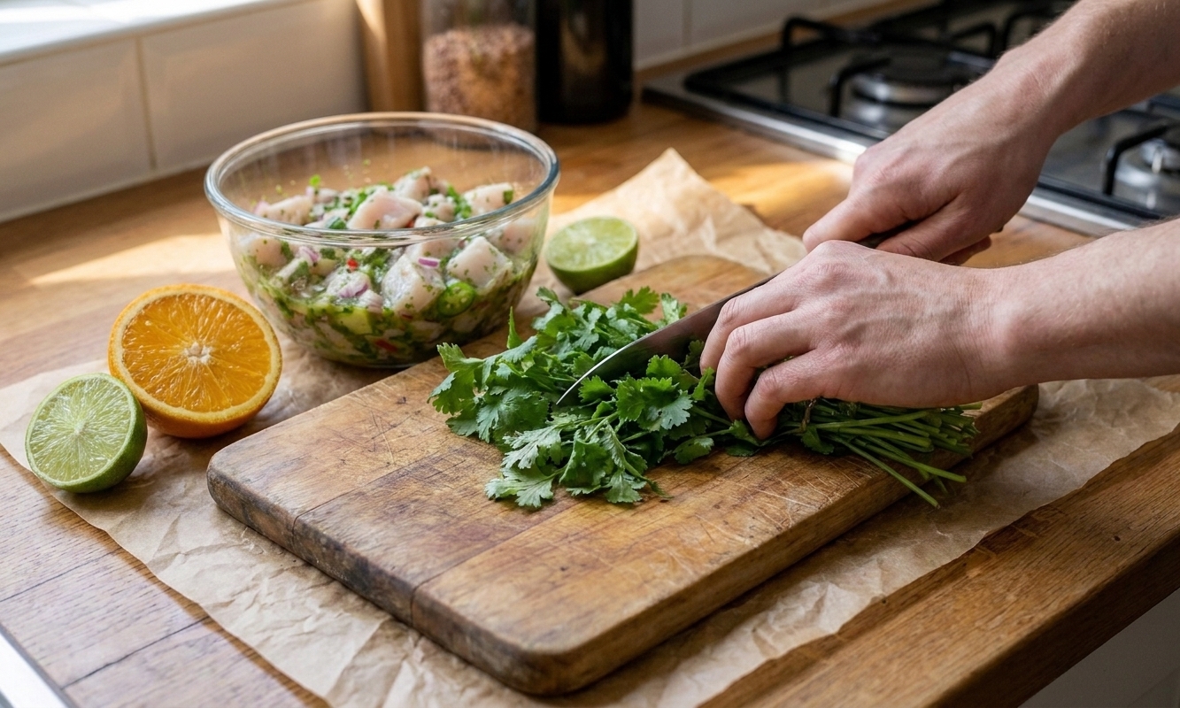A cook's hands chopping fresh cilantro on a wooden cutting board beside a bowl of citrus juice and diced sea bass in warm kitchen lighting