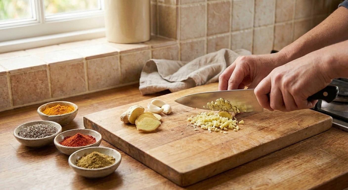 A cook's hands chopping fresh ginger and garlic on a wooden cutting board next to small bowls of spices