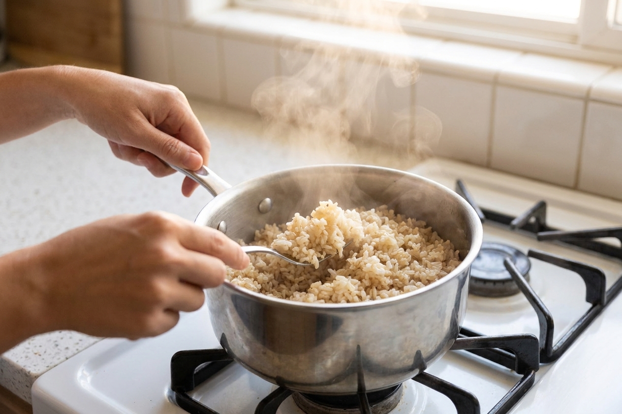 A cook's hands fluffing cooked integral rice with a fork in a saucepan on a home stove, steam rising in warm kitchen light