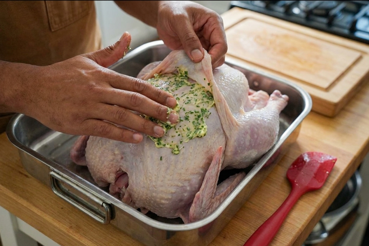 A cook's hands gently lifting turkey skin and spreading herb butter underneath on a turkey in a roasting pan on a kitchen counter