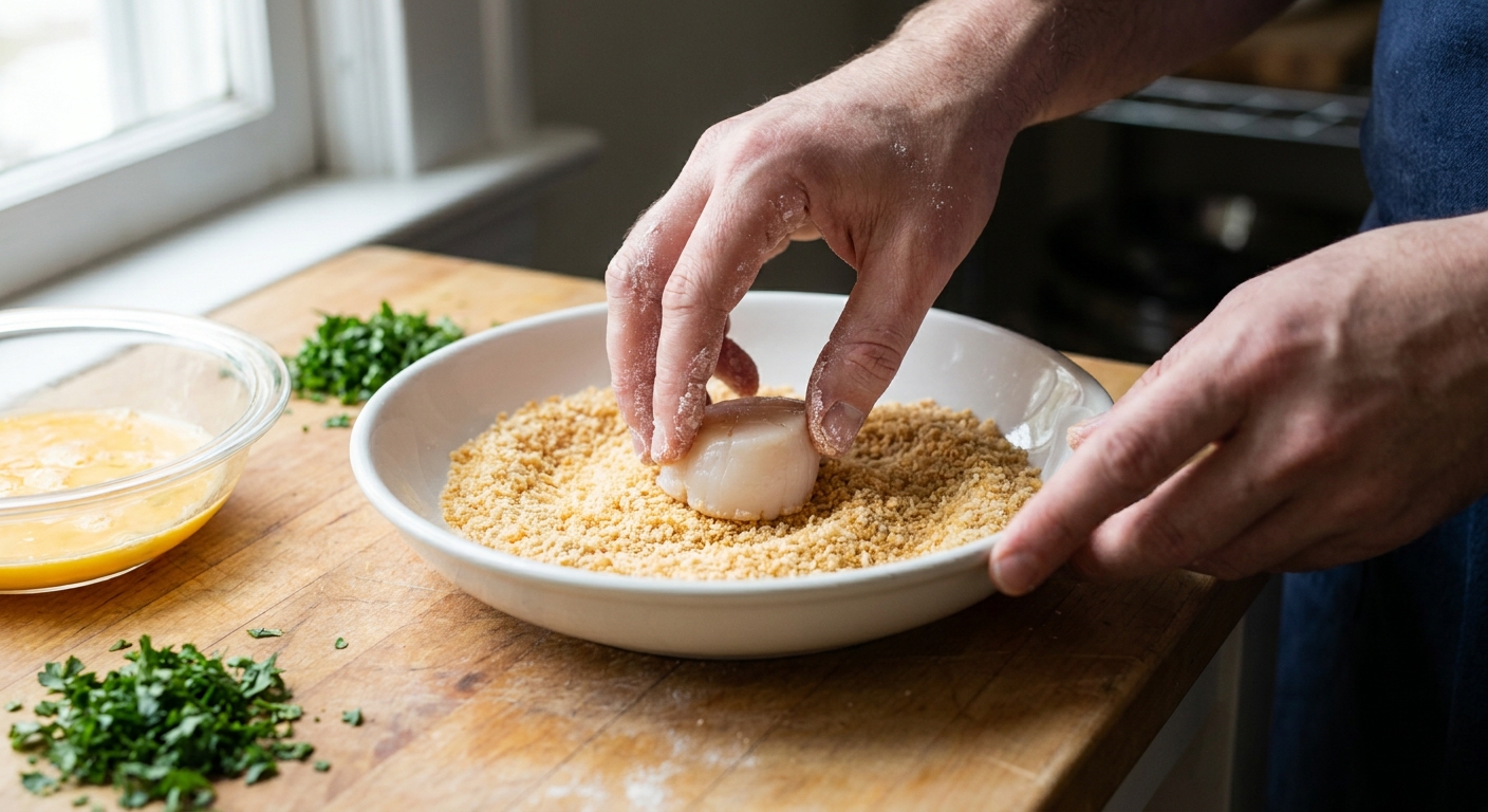 A cook's hands pressing a sea scallop into panko breadcrumbs over a shallow bowl on a kitchen counter