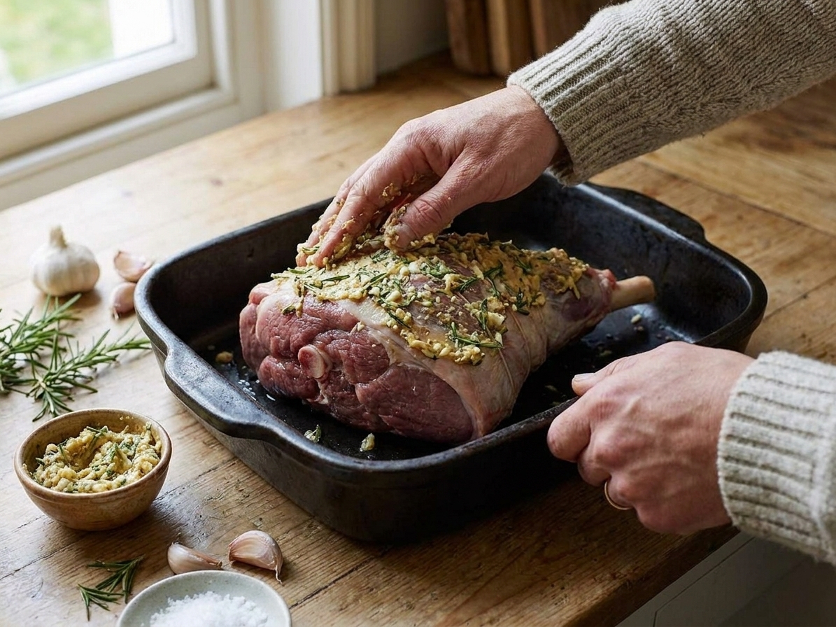 A cook's hands rubbing a garlic rosemary mustard paste over a boneless leg of lamb in a roasting pan on a home kitchen counter
