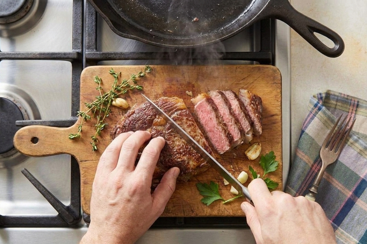 A cook's hands slicing a rested medium-rare steak on a wooden cutting board with a chef's knife
