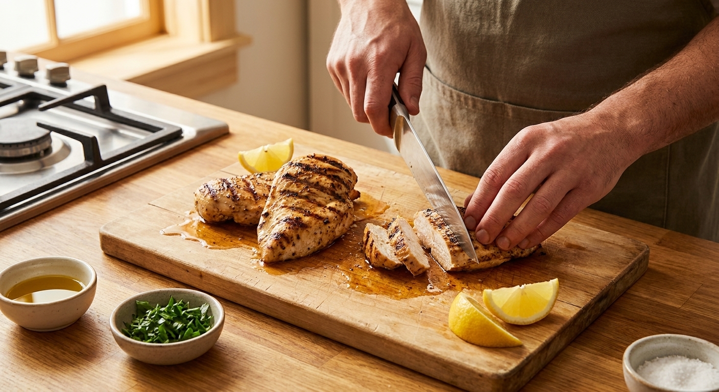 A cook's hands slicing rested grilled chicken on a cutting board with juices pooled slightly, kitchen counter in warm light