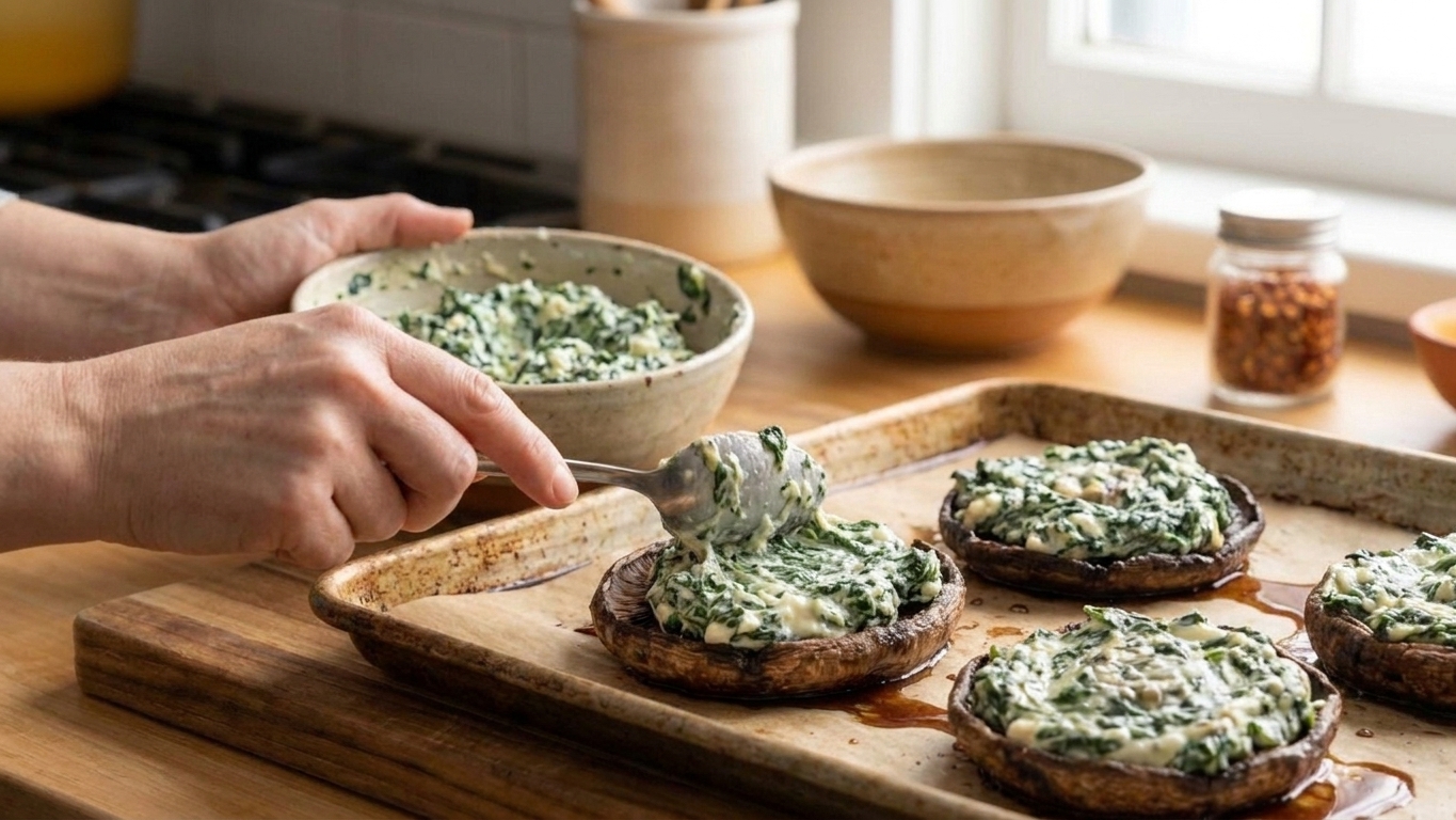 A cook’s hands spooning creamy spinach and cheese filling into roasted portobello mushroom caps on a parchment-lined baking sheet on a home kitchen counter