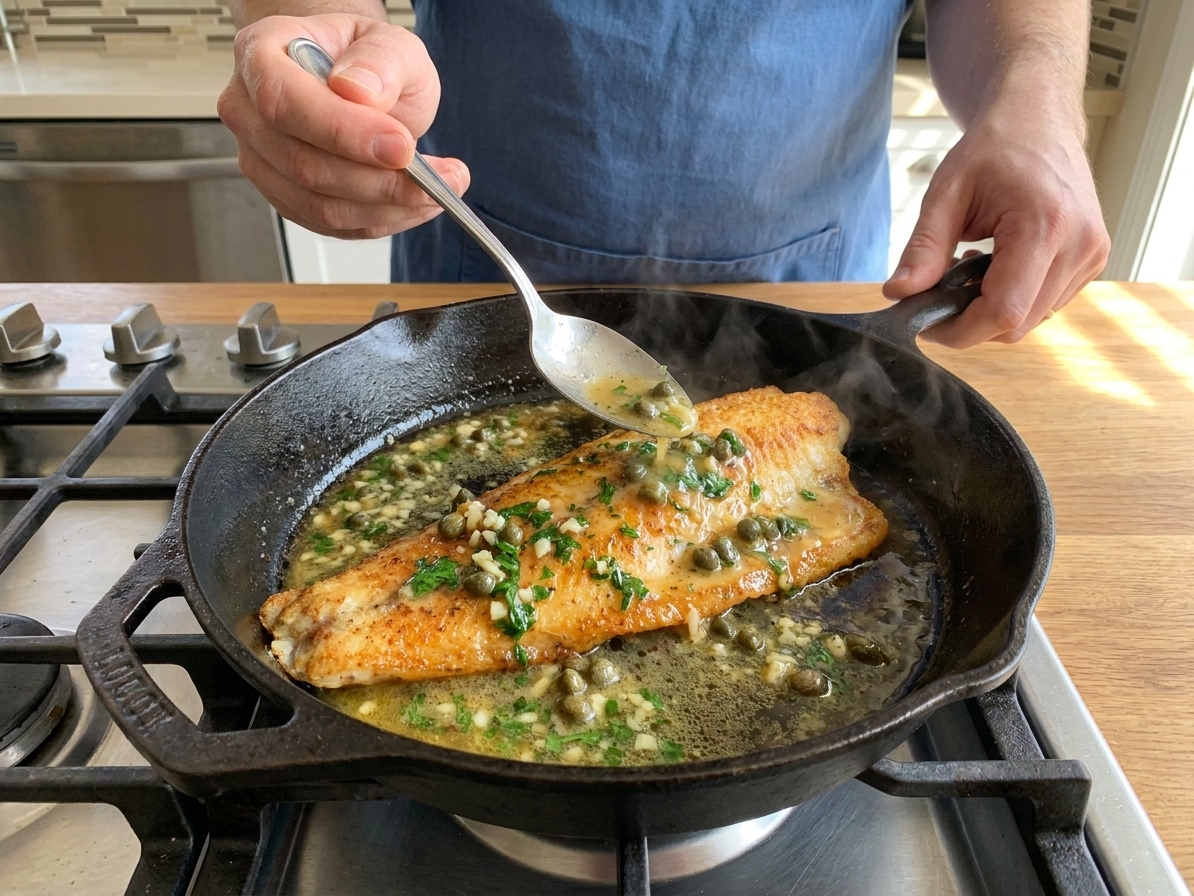 A cook's hands spooning glossy lemon caper butter sauce over a golden walleye fillet in a skillet on a home stove