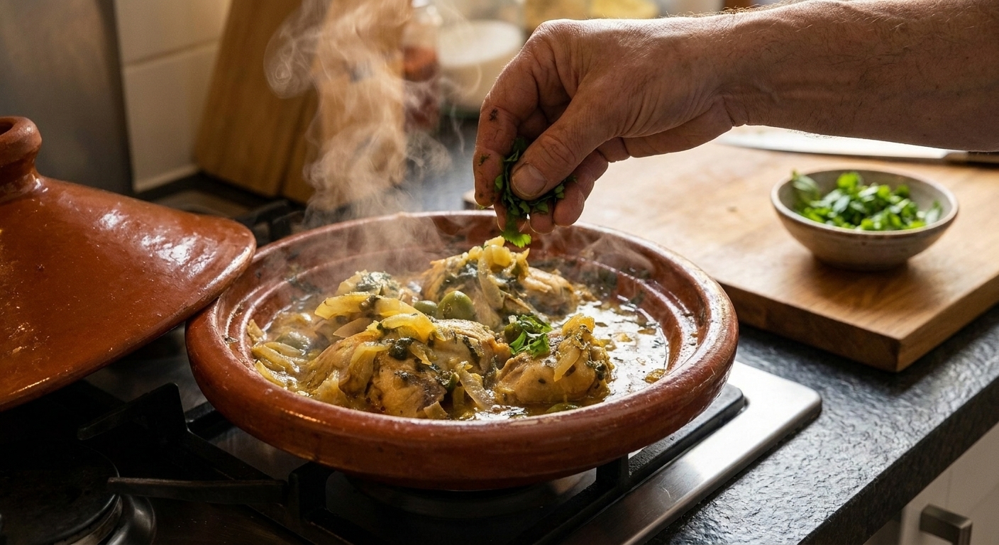 A cook’s hands sprinkling chopped cilantro over a pot of Moroccan chicken tagine on the stove, steam rising, warm kitchen lighting