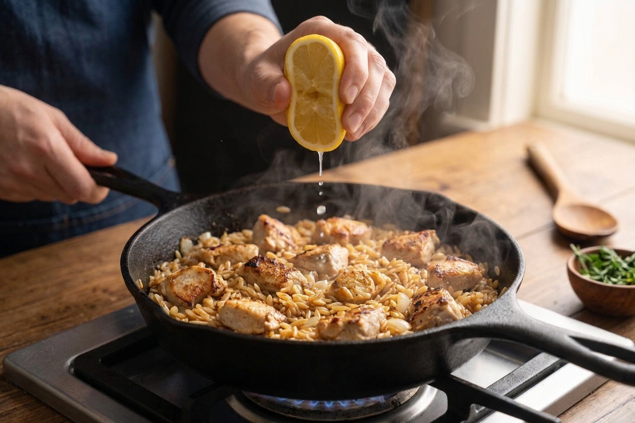 A cook's hands squeezing a fresh lemon over a hot skillet of chicken and orzo on a stovetop with steam rising