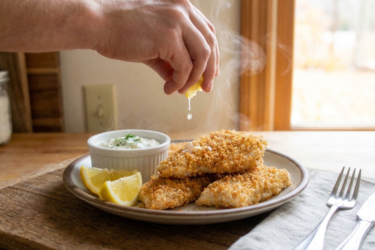 A cook's hands squeezing a lemon wedge over freshly fried fish on a plate, with steam rising in warm kitchen light