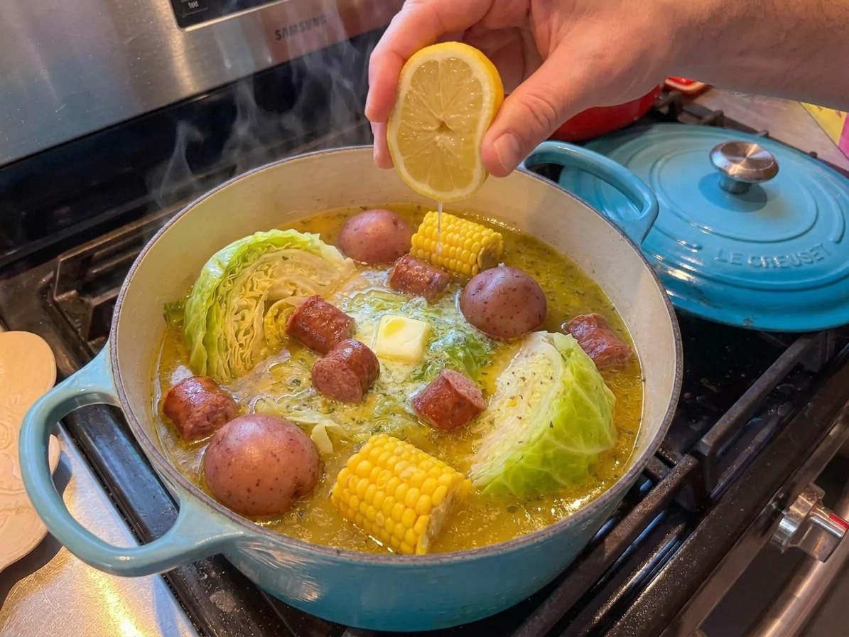 A cook’s hands squeezing fresh lemon over a steaming pot of cabbage boil on a home stove, with butter melting into the broth