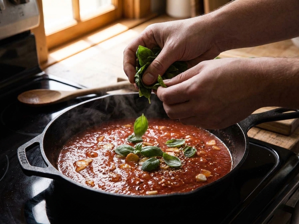 A cook's hands tearing fresh basil leaves over a skillet of simmering tomato sauce on a home stove with warm kitchen lighting