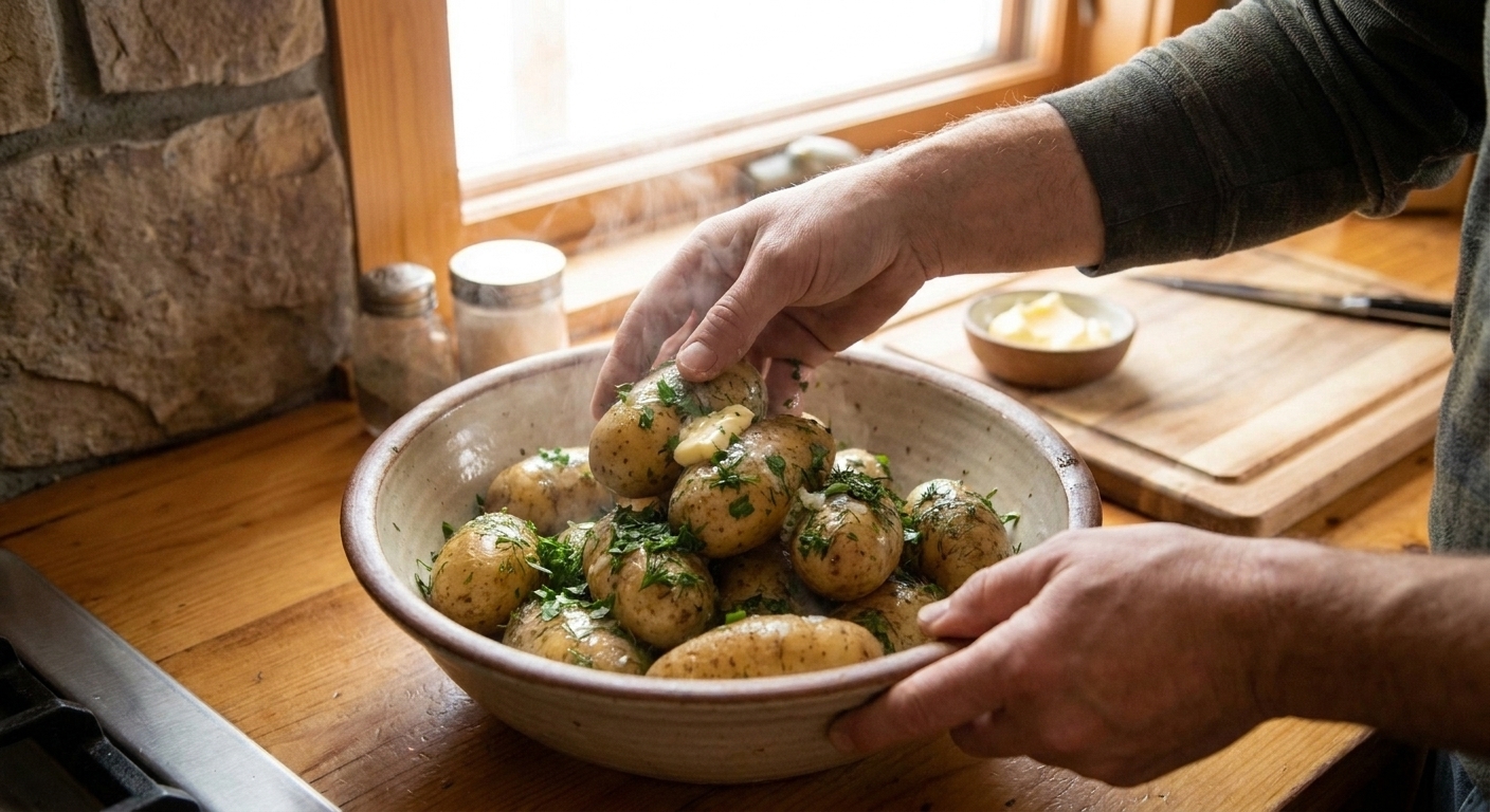 A cook's hands tossing hot boiled potatoes with butter and chopped herbs in a ceramic bowl on a kitchen counter